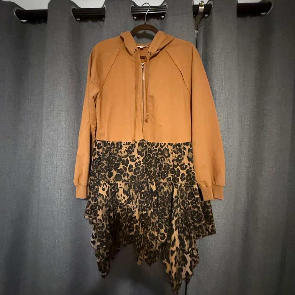 Brown Hoodie with Leopard Print Skirt